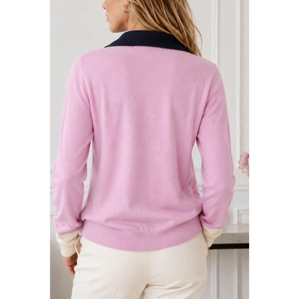 Boden Wool Knit Women Pink Colorblock Collared Polo Sweater Sz 8 Long Sleeve Top - Picture 2 of 9